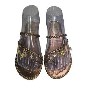y2k Baby Phat Shoes Womens 6 Bronze Flat Sandals Braided Straps Jeweled Charms